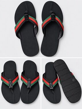 Women’s Fashion Inspired Black Flip Flops with Red & Green Logo Stripe